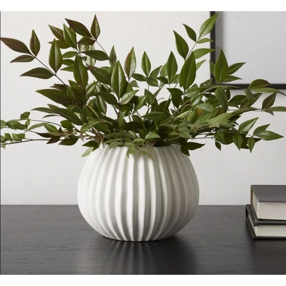 West Elm Planter Vase Textured Fluted Round Stoneware White Glaze Retired 5.5